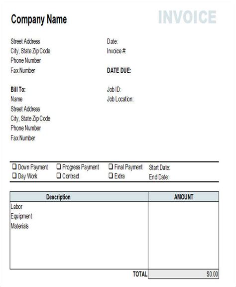 down payment invoice template